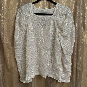 Express Ivory Gold Sparkly Sequin Puff Long Sleeve Blouse Large NWT